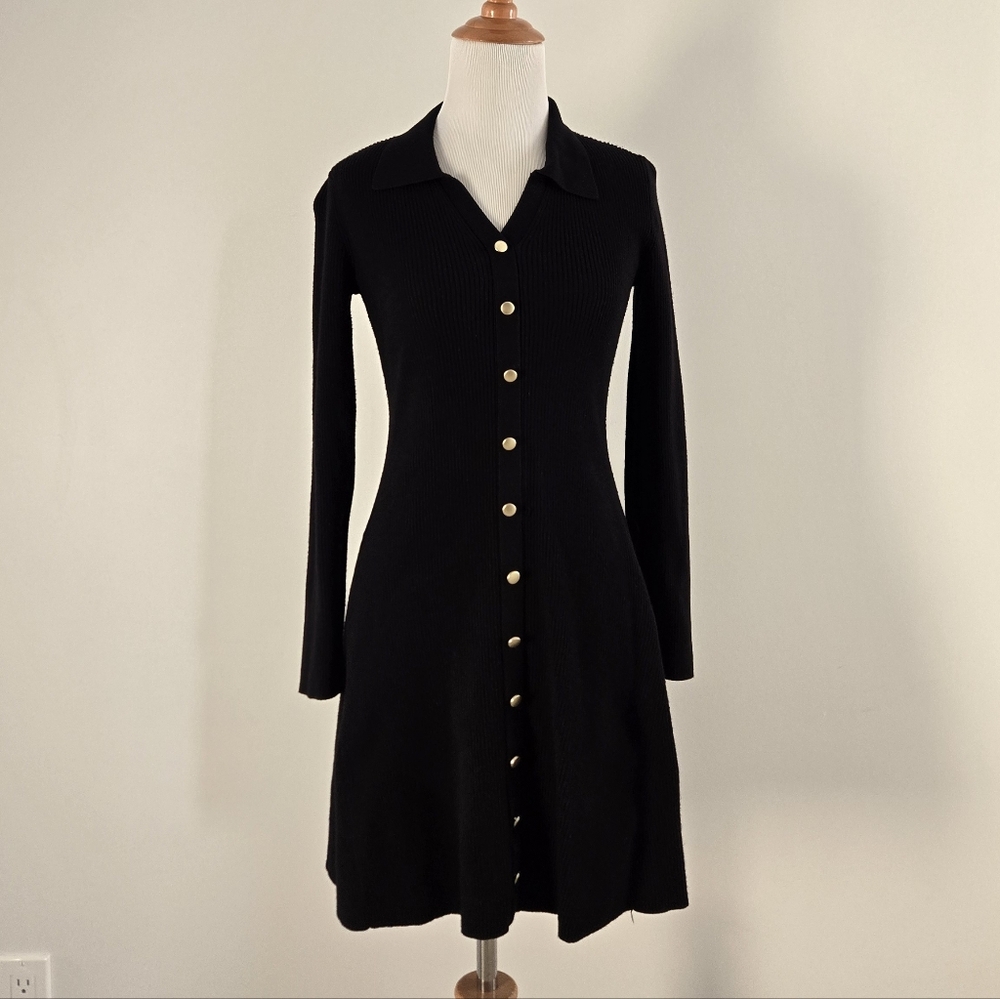 Ellen Tracy Black Long Sleeve Dress with Gold Buttons Size XS